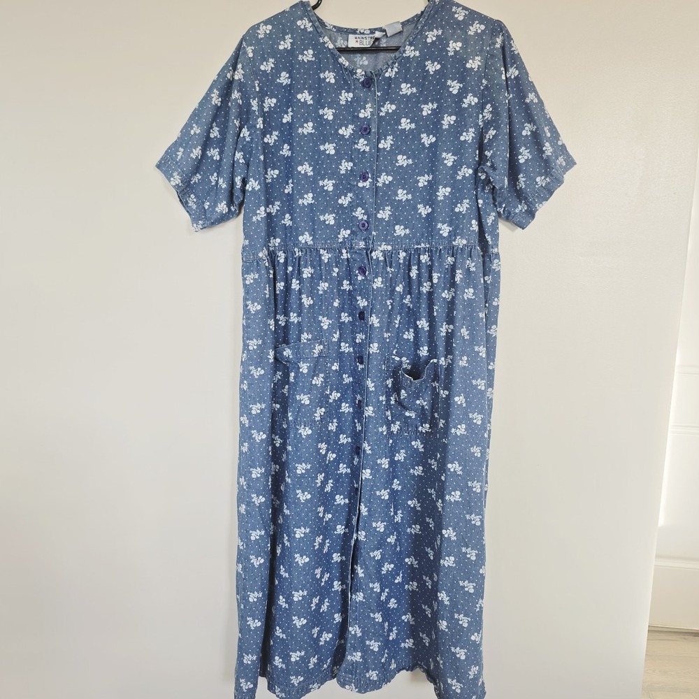 Vtg MAINSTREET BLUES Florals Denim Blue Jean Button Dress Pockets Women 16W.E39 - Picture 1 of 11